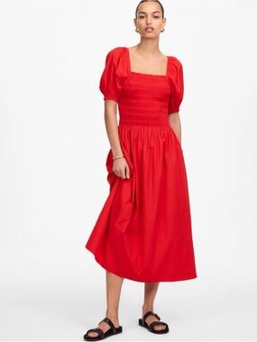 Madewell Smocked Puff Sleeve Midi Dress in Poplin Red XXS 2XS NWT Feminine